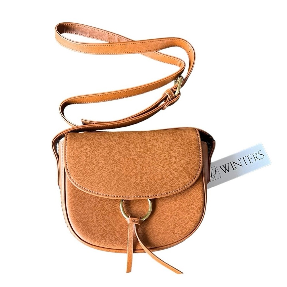 JJ Winters Crossbody Bag Tan Women Boho Saddle Gold Ring Faux Leather Minimalist